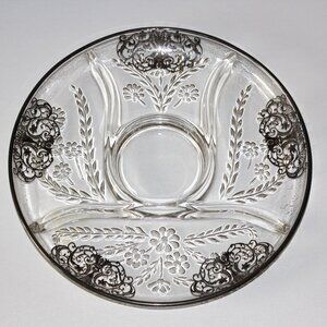 Vintage Glass Divided Serving Dish | Silver Overlay Divided Round Platter